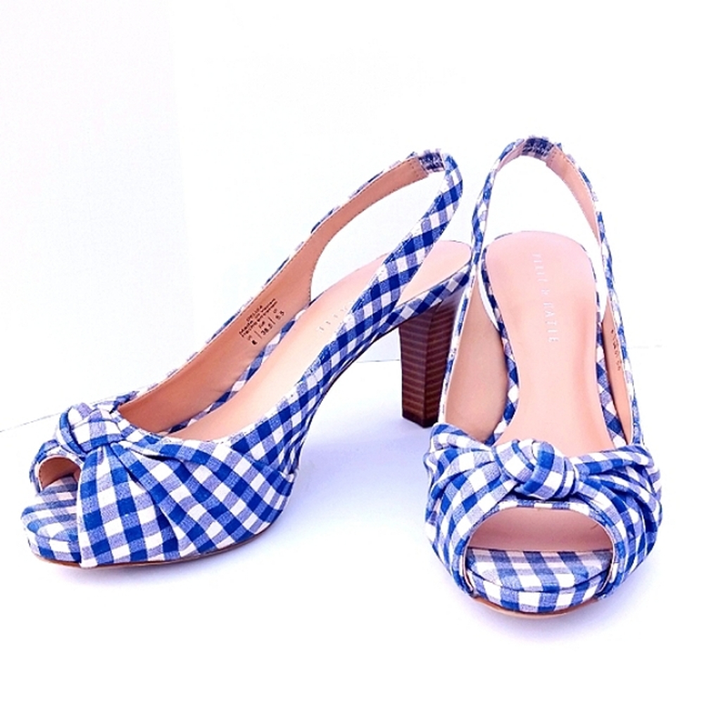 GINGHAM SHOES blue white peep toe SZ 8 3.5" stacked heel slingback sandal